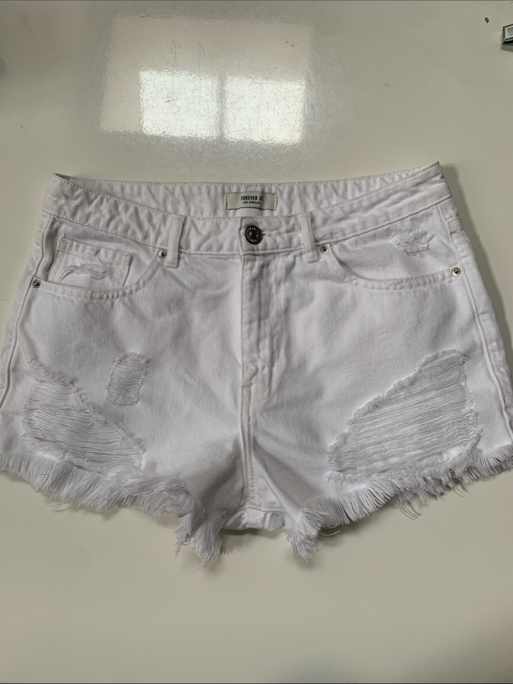 [30] Forever 21 White Ripped Frayed Hem Denim Shorts